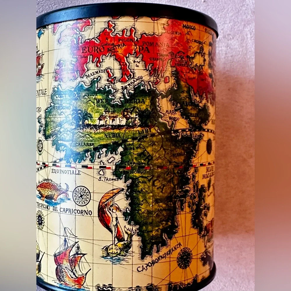 Vintage Metal Pencil Holder with 16th Century Italian/Dutch Map. Made in Japan